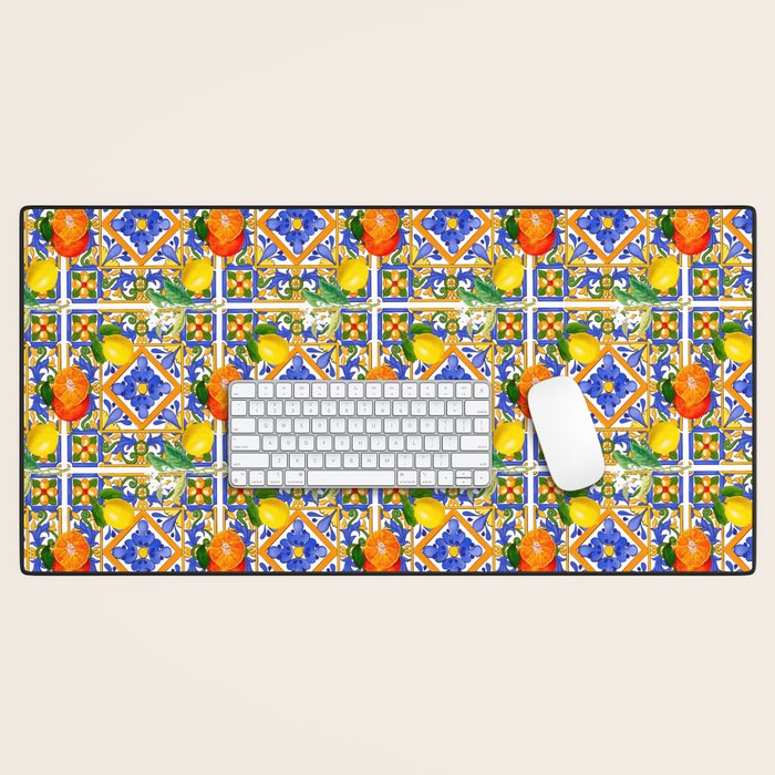 Summer ,Sicilian tiles ,citrus,oranges,majolica,lemons ,Mediterranean  Desk Mat Gallery Image 1