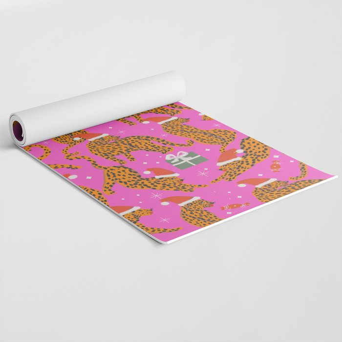 Fashionable cats with Christmas hats and gifts in fuchsia pink background  Yoga Mat Gallery Image 2