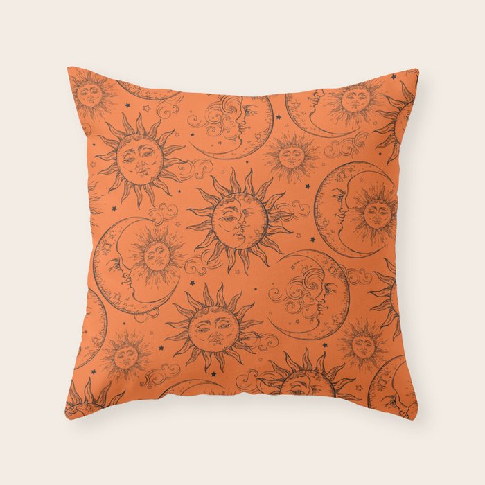 Orange Magic Celestial Sun Moon Stars Throw Pillow Gallery Image 6