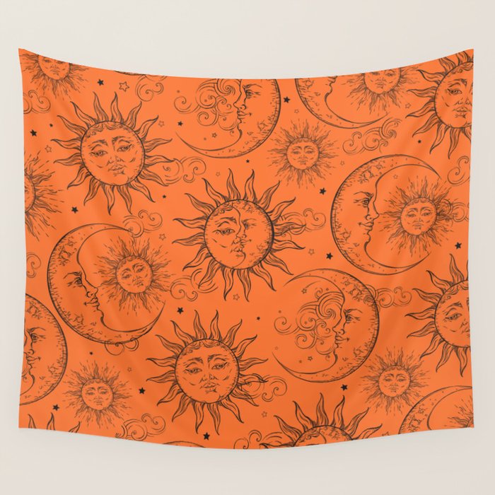 Orange Magic Celestial Sun Moon Stars Wall Tapestry Gallery Image 1