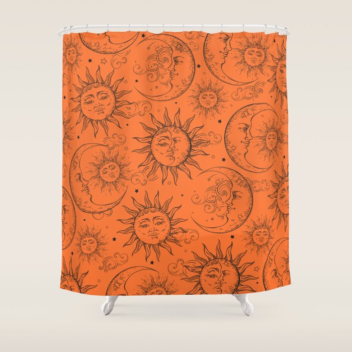 Orange Magic Celestial Sun Moon Stars Shower Curtain Gallery Image 1