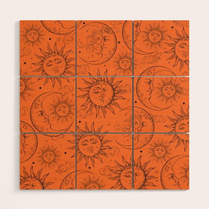 Orange Magic Celestial Sun Moon Stars Wood Wall Art Gallery Image 1