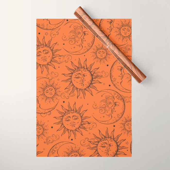 Orange Magic Celestial Sun Moon Stars Wrapping Paper Gallery Image 1