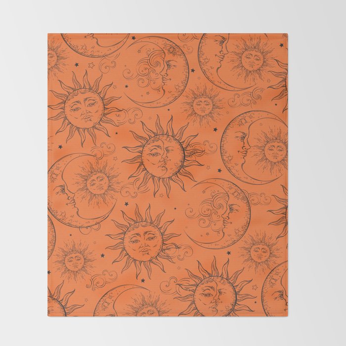 Orange Magic Celestial Sun Moon Stars Throw Blanket Gallery Image 2