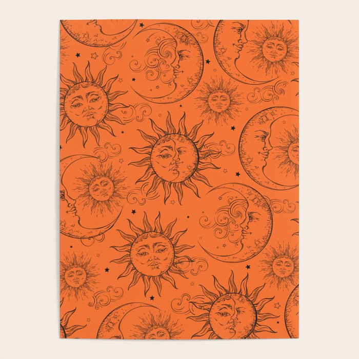 Orange Magic Celestial Sun Moon Stars Poster