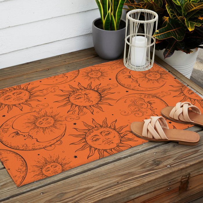 Orange Magic Celestial Sun Moon Stars Outdoor Rug Gallery Image 2