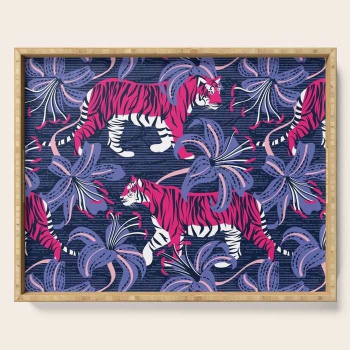 Tigers in a tiger lily garden // textured navy blue background fuchsia pink wild animals very peri flowers Serving Tray Gallery Image 1
