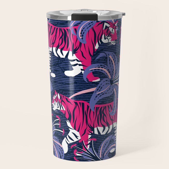 Tigers in a tiger lily garden // textured navy blue background fuchsia pink wild animals very peri flowers Travel Mug Gallery Image 1