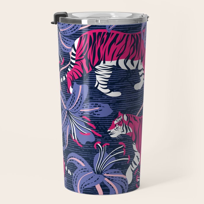 Tigers in a tiger lily garden // textured navy blue background fuchsia pink wild animals very peri flowers Travel Mug Gallery Image 3