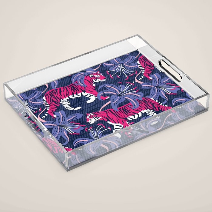 Tigers in a tiger lily garden // textured navy blue background fuchsia pink wild animals very peri flowers Acrylic Tray Gallery Image 1