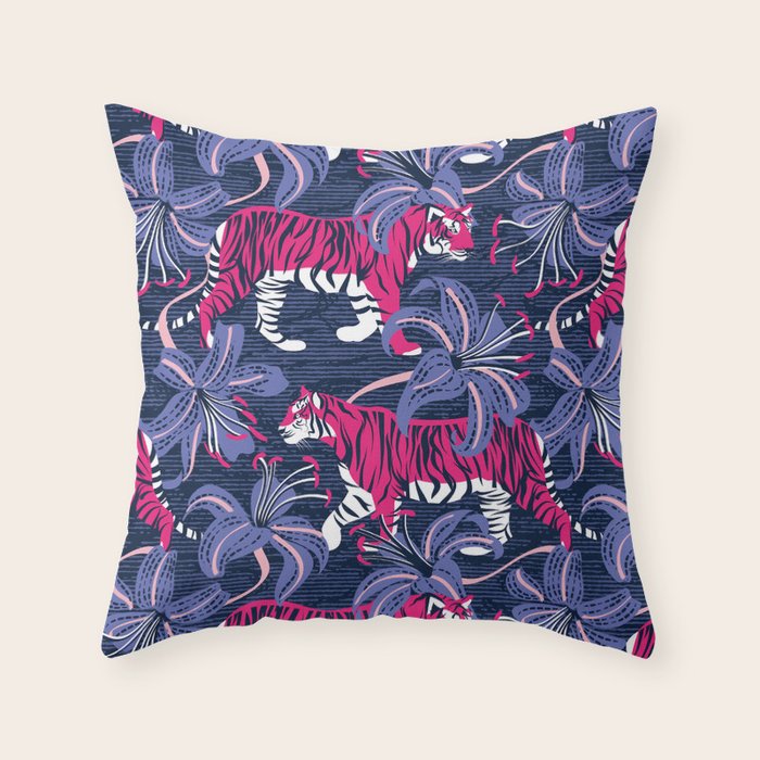 Tigers in a tiger lily garden // textured navy blue background fuchsia pink wild animals very peri flowers Throw Pillow Gallery Image 6
