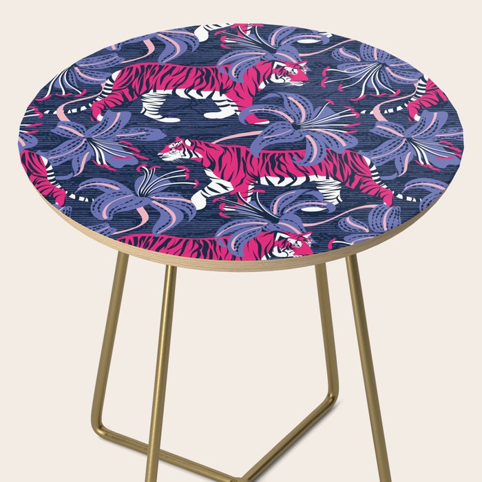 Tigers in a tiger lily garden // textured navy blue background fuchsia pink wild animals very peri flowers Side Table Gallery Image 2