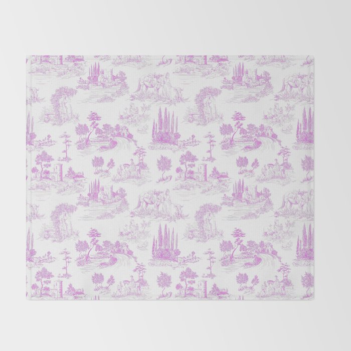 Toile de Jouy Vintage French Romantic Pastoral Hot Fuchsia Pink & White Throw Blanket Gallery Image 2