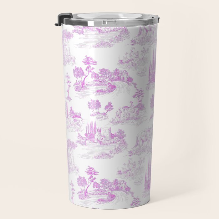 Toile de Jouy Vintage French Romantic Pastoral Hot Fuchsia Pink & White Travel Mug Gallery Image 3