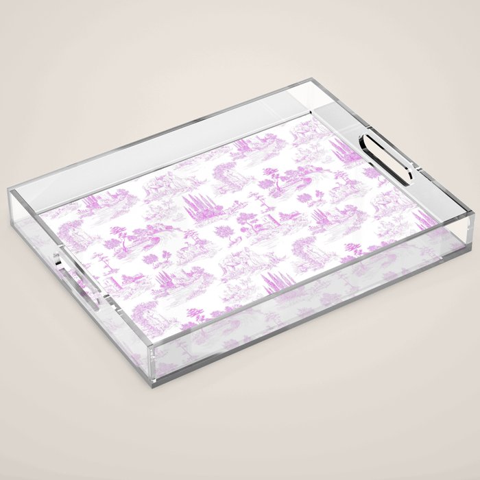 Toile de Jouy Vintage French Romantic Pastoral Hot Fuchsia Pink & White Acrylic Tray Gallery Image 1
