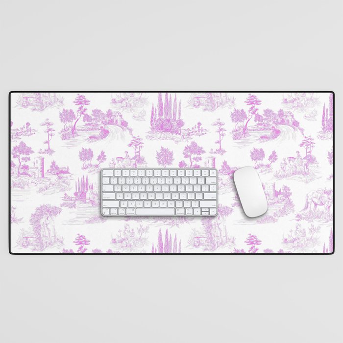 Toile de Jouy Vintage French Romantic Pastoral Hot Fuchsia Pink & White Desk Mat Gallery Image 1