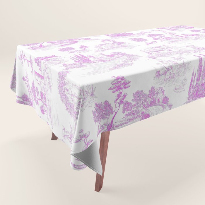 Toile de Jouy Vintage French Romantic Pastoral Hot Fuchsia Pink & White Tablecloth Gallery Image 1