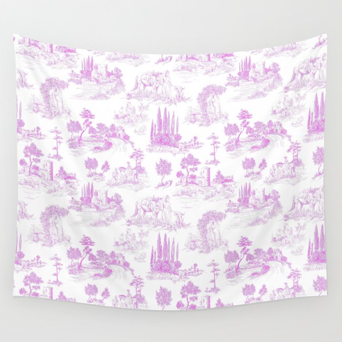 Toile de Jouy Vintage French Romantic Pastoral Hot Fuchsia Pink & White Wall Tapestry Gallery Image 4