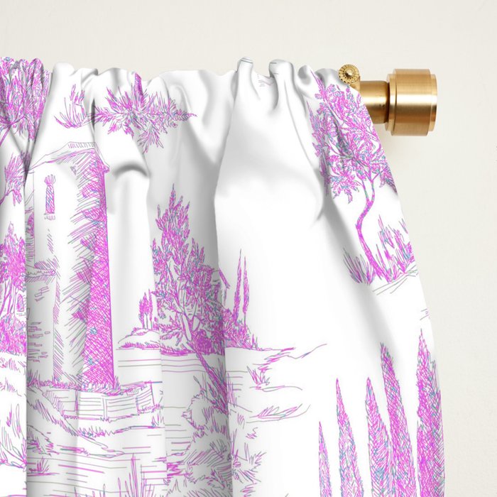 Toile de Jouy Vintage French Romantic Pastoral Hot Fuchsia Pink & White Window Curtain Gallery Image 2