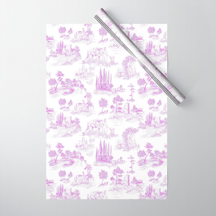 Toile de Jouy Vintage French Romantic Pastoral Hot Fuchsia Pink & White Wrapping Paper Gallery Image 1