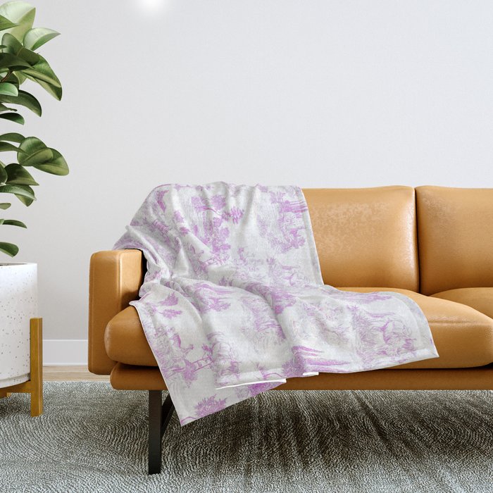 Toile de Jouy Vintage French Romantic Pastoral Hot Fuchsia Pink & White Throw Blanket Gallery Image 1