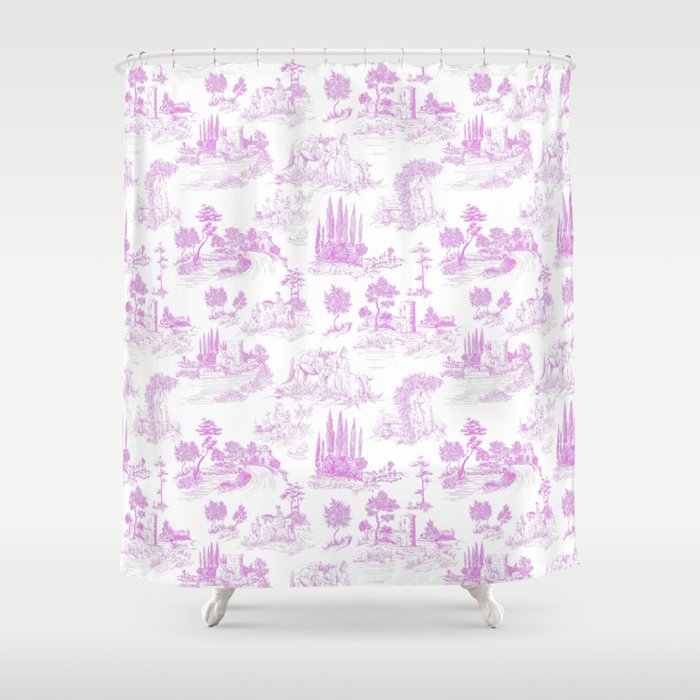 Toile de Jouy Vintage French Romantic Pastoral Hot Fuchsia Pink & White Shower Curtain Gallery Image 1