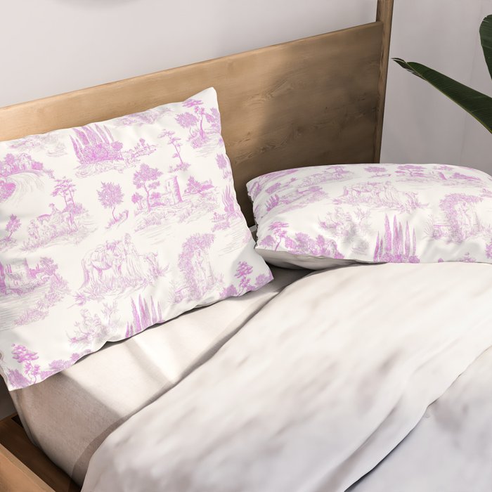 Toile de Jouy Vintage French Romantic Pastoral Hot Fuchsia Pink & White Pillow Sham Gallery Image 2