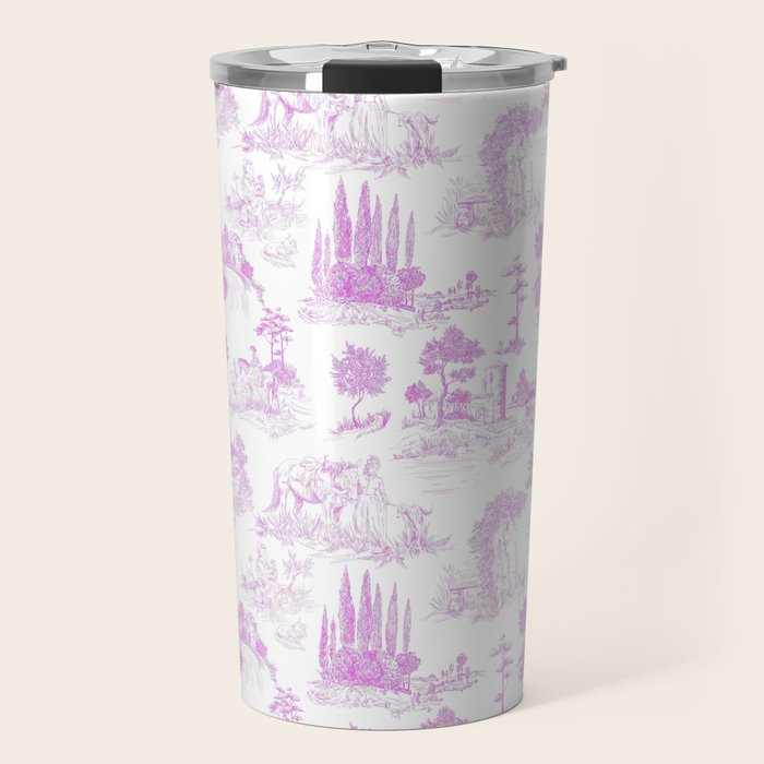 Toile de Jouy Vintage French Romantic Pastoral Hot Fuchsia Pink & White Travel Mug Gallery Image 1