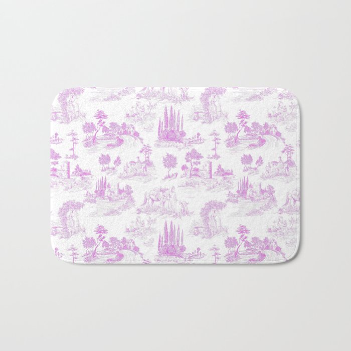 Toile de Jouy Vintage French Romantic Pastoral Hot Fuchsia Pink & White Bath Mat Gallery Image 1