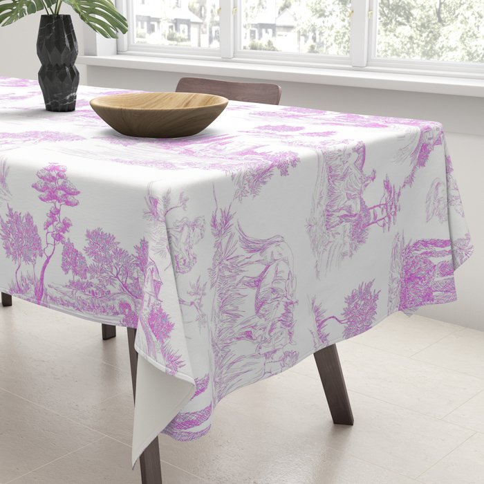 Toile de Jouy Vintage French Romantic Pastoral Hot Fuchsia Pink & White Tablecloth Gallery Image 3