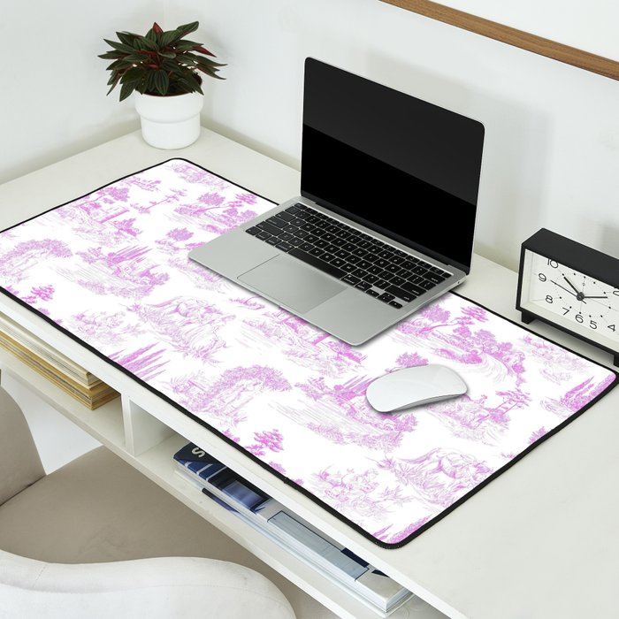 Toile de Jouy Vintage French Romantic Pastoral Hot Fuchsia Pink & White Desk Mat Gallery Image 2