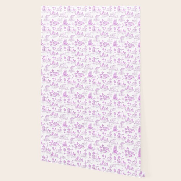 Toile de Jouy Vintage French Romantic Pastoral Hot Fuchsia Pink & White Wallpaper Gallery Image 2