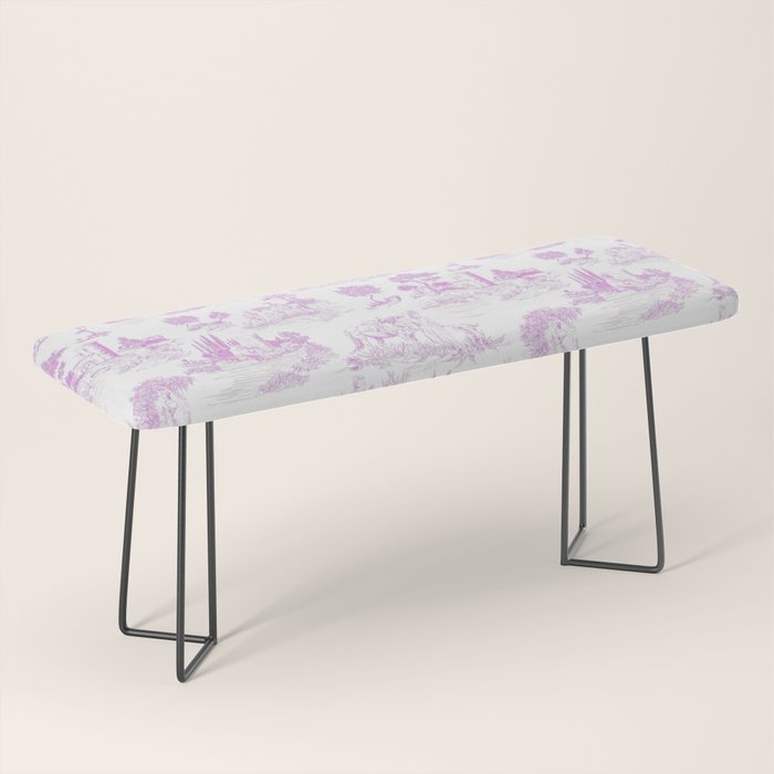 Toile de Jouy Vintage French Romantic Pastoral Hot Fuchsia Pink & White Bench Gallery Image 1