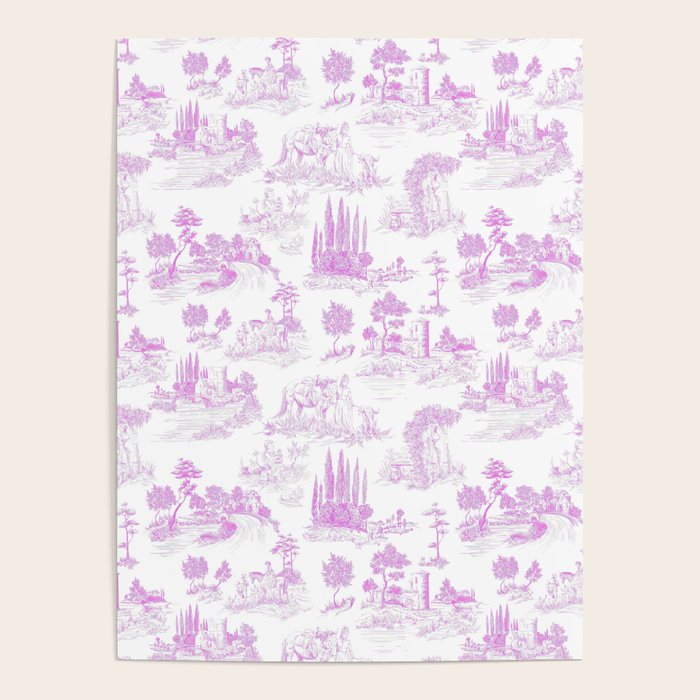 Toile de Jouy Vintage French Romantic Pastoral Hot Fuchsia Pink & White Poster Gallery Image 4
