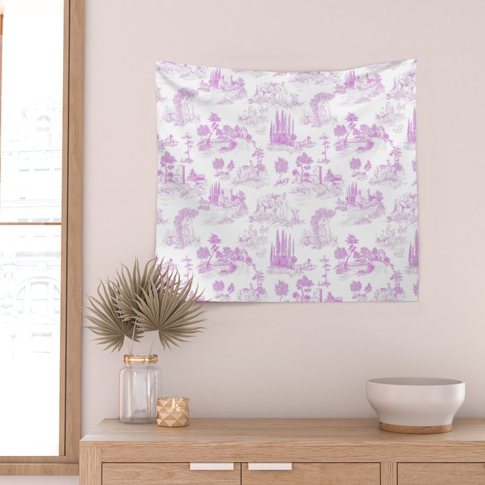 Toile de Jouy Vintage French Romantic Pastoral Hot Fuchsia Pink & White Wall Tapestry Gallery Image 2