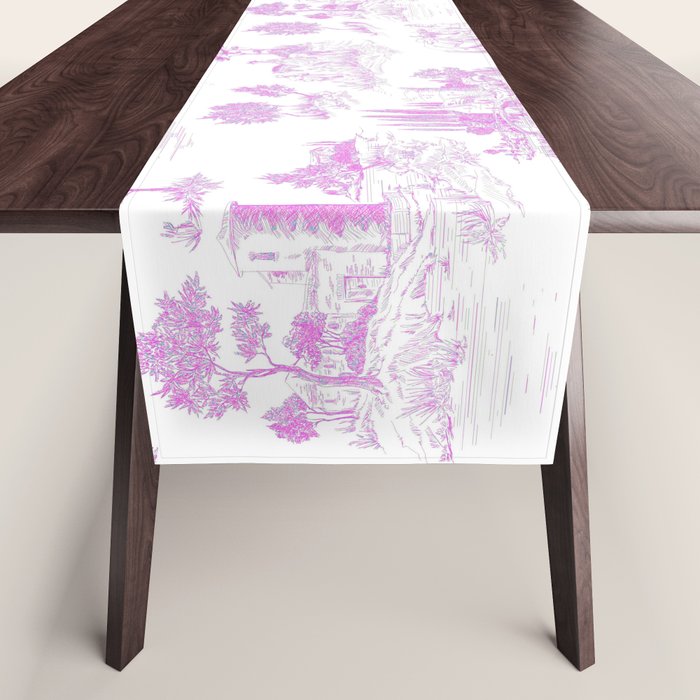 Toile de Jouy Vintage French Romantic Pastoral Hot Fuchsia Pink & White Table Runner Gallery Image 1
