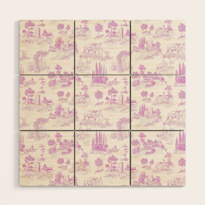 Toile de Jouy Vintage French Romantic Pastoral Hot Fuchsia Pink & White Wood Wall Art Gallery Image 1