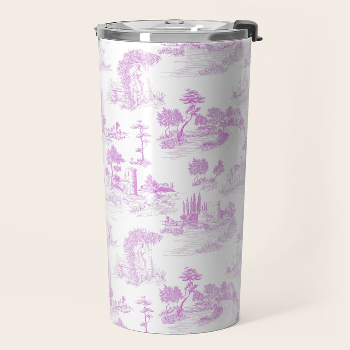 Toile de Jouy Vintage French Romantic Pastoral Hot Fuchsia Pink & White Travel Mug Gallery Image 2