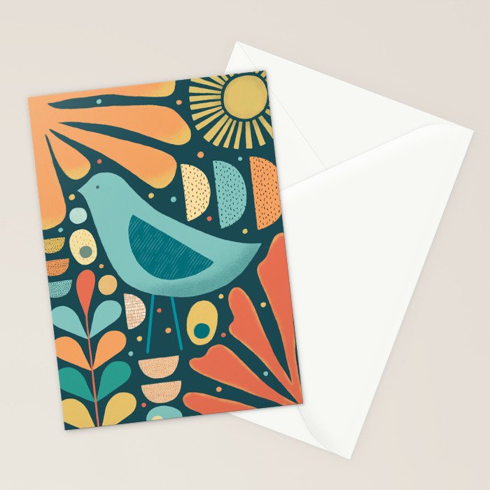 Mid Century Modern Inspired Bird and Leaves Stationery Card Gallery Image 2