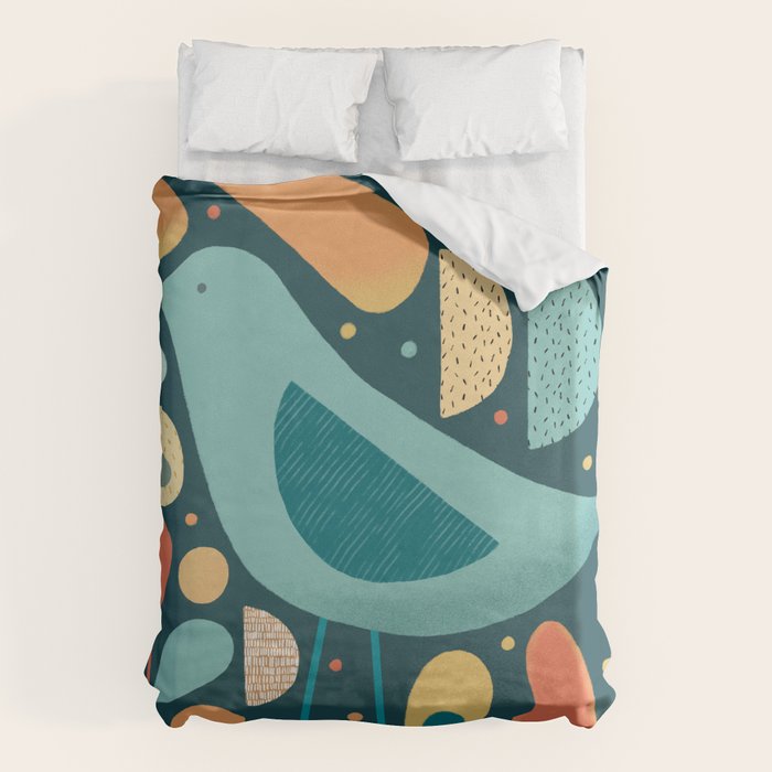Mid Century Modern Inspired Bird and Leaves Duvet Cover Gallery Image 6
