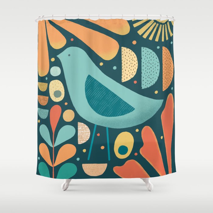 Mid Century Modern Inspired Bird and Leaves Shower Curtain Gallery Image 1
