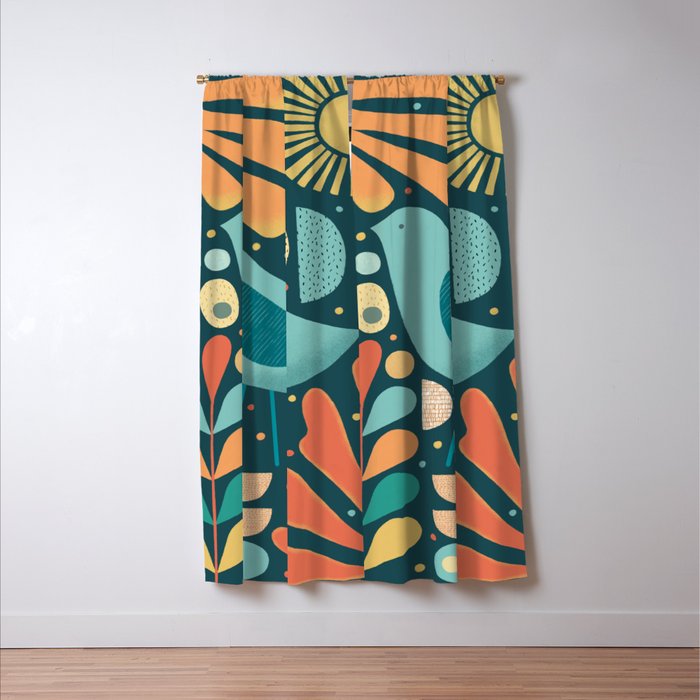 Mid Century Modern Inspired Bird and Leaves Window Curtain Gallery Image 3