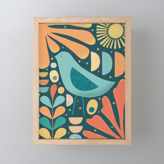 Mid Century Modern Inspired Bird and Leaves Mini Art Print Gallery Image 1