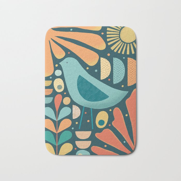 Mid Century Modern Inspired Bird and Leaves Bath Mat Gallery Image 1