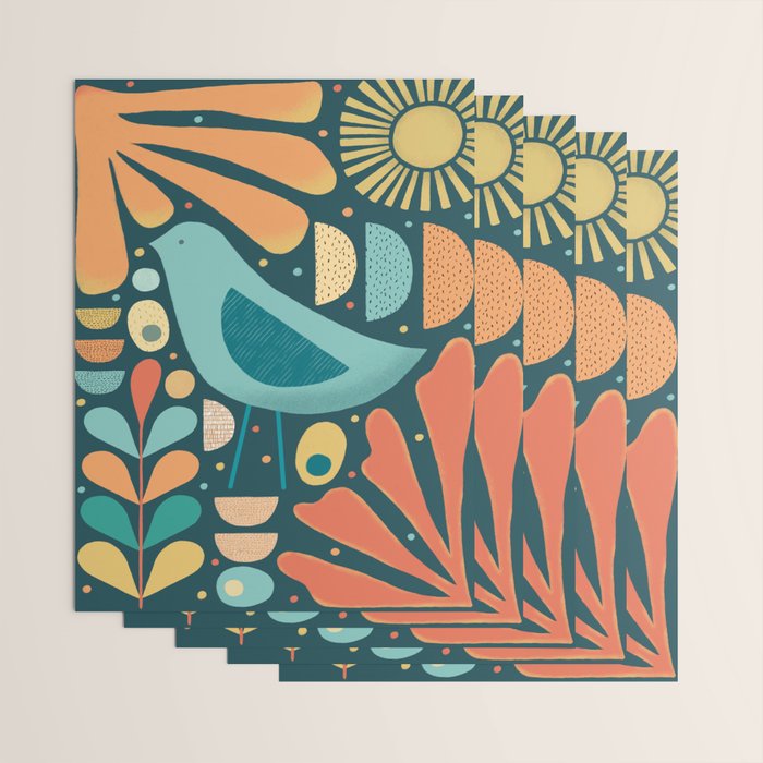 Mid Century Modern Inspired Bird and Leaves Wrapping Paper Gallery Image 3