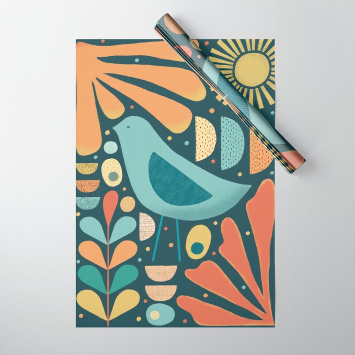 Mid Century Modern Inspired Bird and Leaves Wrapping Paper Gallery Image 1