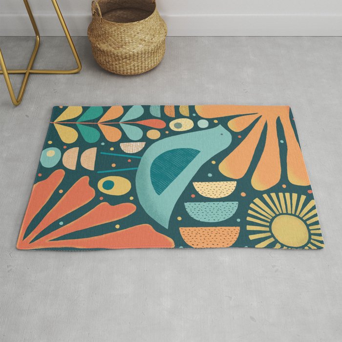 Mid Century Modern Inspired Bird and Leaves Rug Gallery Image 1