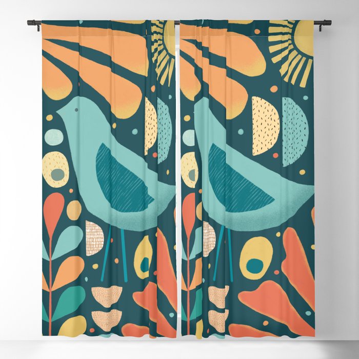 Mid Century Modern Inspired Bird and Leaves Window Curtain Gallery Image 1