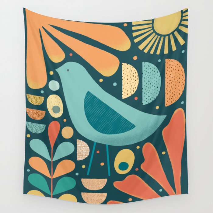 Mid Century Modern Inspired Bird and Leaves Wall Tapestry Gallery Image 1