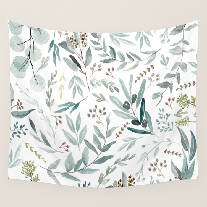 Botanical Eucalyptus Leaves Pattern Wall Tapestry Gallery Image 1